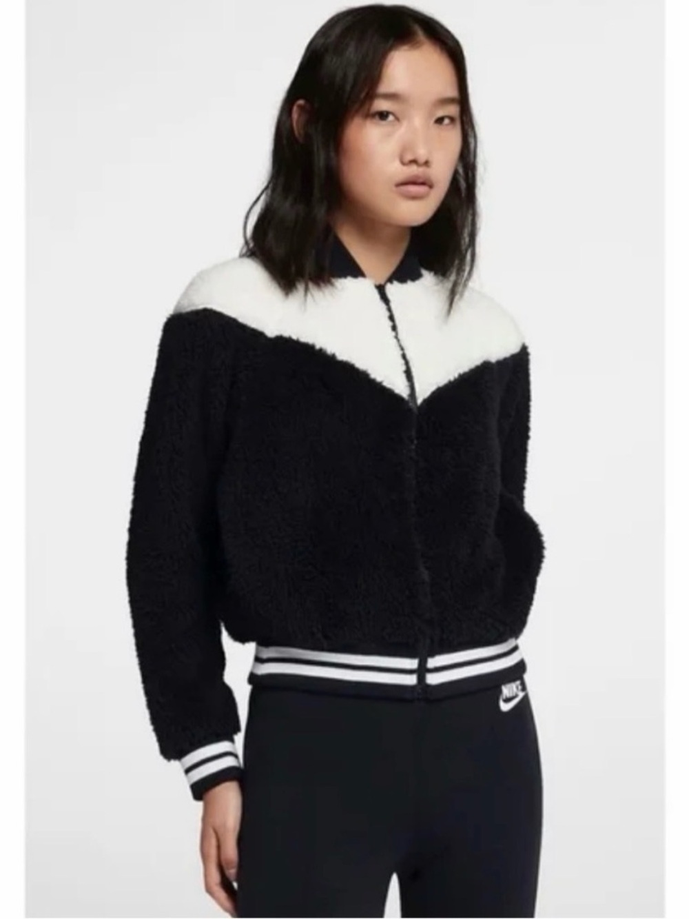 Nike Women's Black and White Sherpa Bomber Jacket